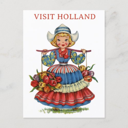 Vintage Visit Holland Dutch Woman Tulip Travel Postcard