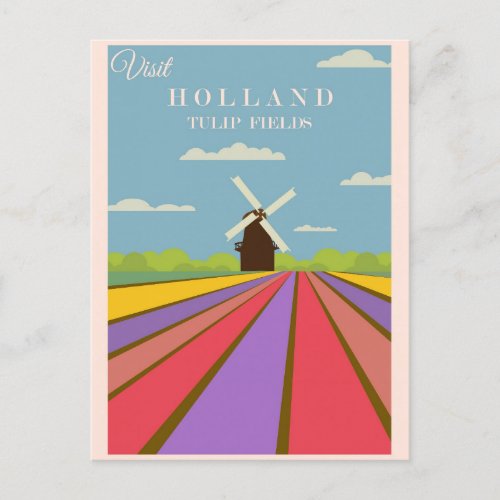 Vintage Visit Holland Tulip Fields Travel Poster Postcard