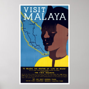 Vintage Visit Malaya Malay Peninsula Singapore Tra Poster