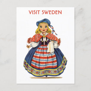Vintage Visit Sweden Swedish Woman Travel Postcard