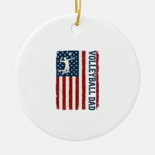 Vintage Volleyball Dad Patriotic Flag Shirt Design Ceramic Ornament