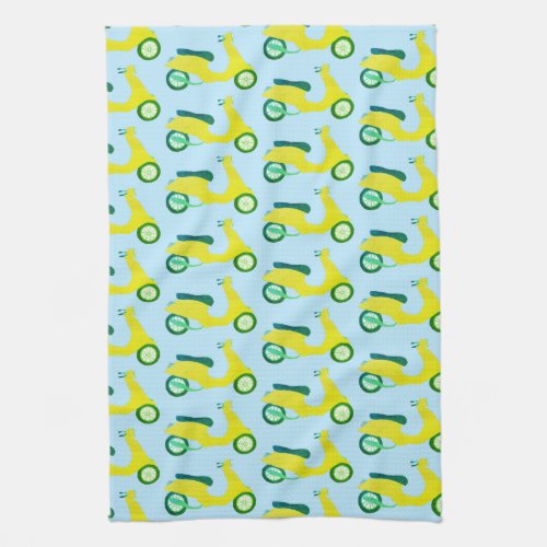 Vintage Vroom Moped Scooter Pattern Yellow Lime Kitchen Towel