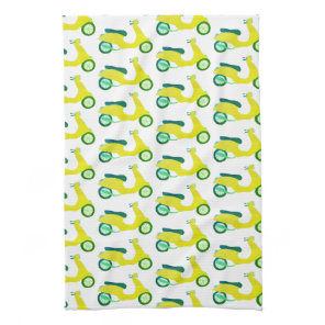 Vintage Vroom Moped Scooter Pattern Yellow Lime Kitchen Towel