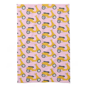 Vintage Vroom Moped Scooter Pattern Yellow Pink Kitchen Towel