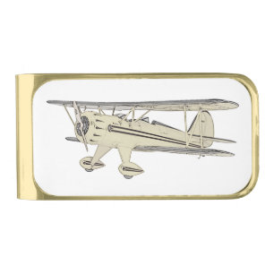 Vintage Waco Biplane Antique Airplane Aircraft Gold Finish Money Clip