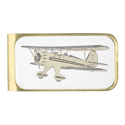 Vintage Waco Biplane Antique Airplane Aircraft Gold Finish Money Clip