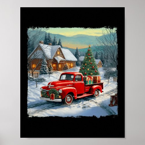 Vintage Wagon Red Truck Merry Christmas Tree Snow  Poster
