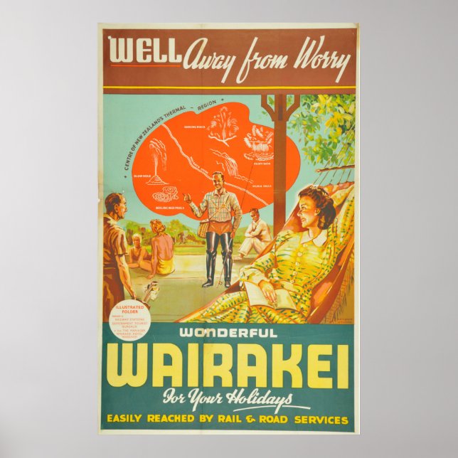 Vintage Wairakei New Zealand Travel Poster (Front)