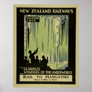 Vintage Waitomo Caves New Zealand Travel Poster