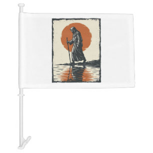 Vintage Walking Figure Sunset Reflection Vector Ar Car Flag