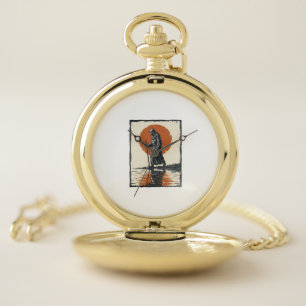 Vintage Walking Figure Sunset Reflection Vector Ar Pocket Watch