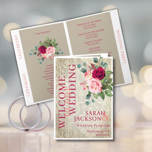 Vintage Wallpaper and Roses Folded Wedding Program