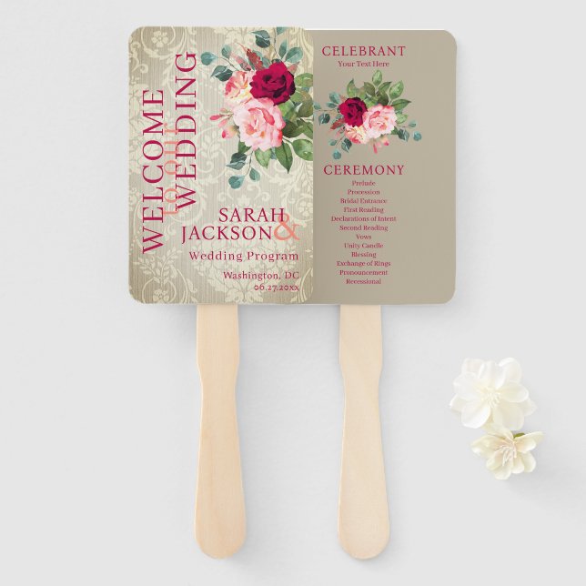 Vintage Wallpaper and Roses Wedding Program Hand Fan (Front and Back)