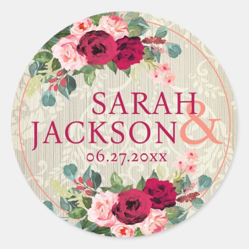 Vintage Wallpaper and Roses Weddng Classic Round Sticker