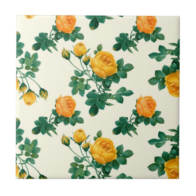 Vintage Wallpaper Pattern, Yellow Roses Ceramic Tile (Front)