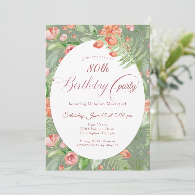 Vintage Wallpaper Roses Floral 80th Invitation (Standing Front)