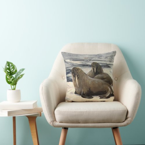 Vintage Walruses in the Arctic Snow by CE Swan Throw Pillow