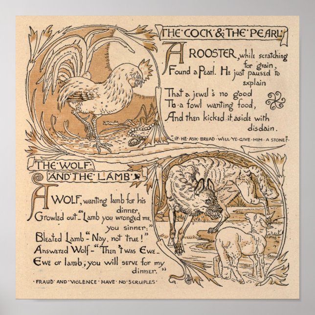 Vintage Walter Crane: Rooster & Pearl Wolf & Lamb Poster (Front)