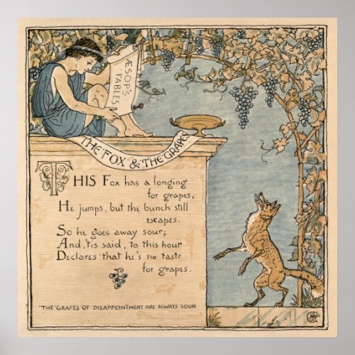 Vintage Walter Crane The fox and the grapes Poster