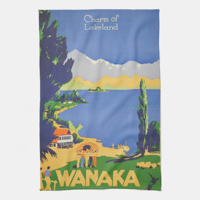 Vintage Wanaka New Zealand Lakeland Travel Kitchen Towel (Vertical)