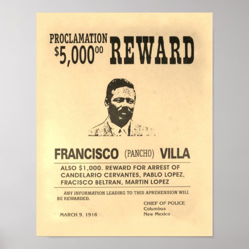 Vintage Wanted Poster Pancho Villa Reward