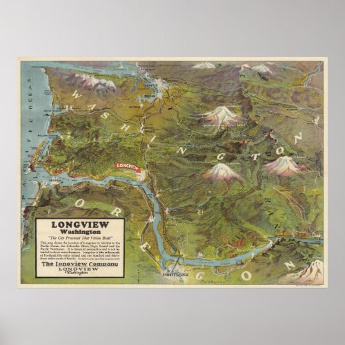 Vintage Washington and Oregon Pictorial Map 1923 Poster