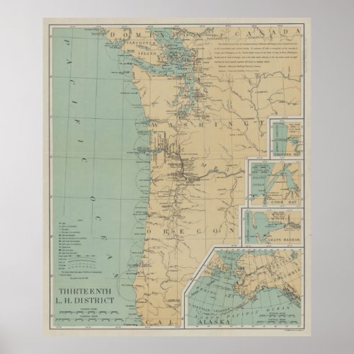 Vintage Washington  Oregon Lighthouse Map 1898 Poster