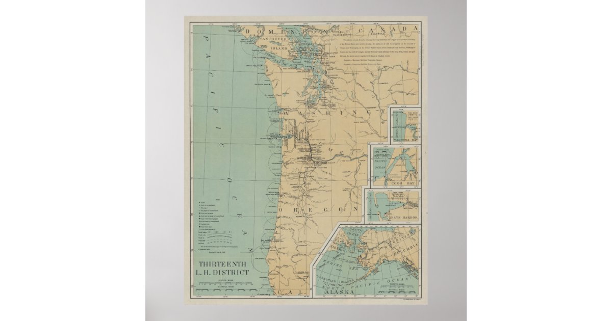 Washington State Lighthouses Map Vintage Washington & Oregon Lighthouse Map (1898) Poster | Zazzle.com