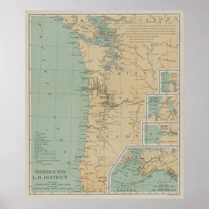 1898 Old Washington and Oregon Lighthouse Map Vintage Pacific Northwest Poster 