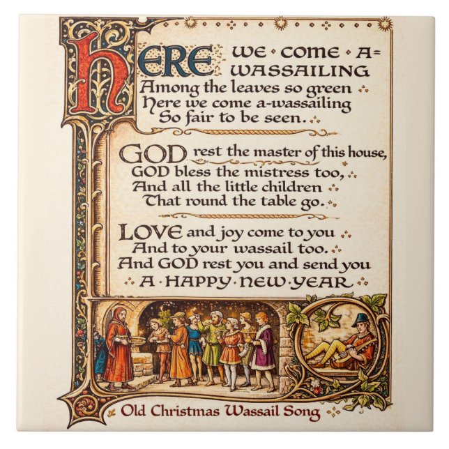 Vintage Wassail Song Illuminated Manuscript Art  Ceramic Tile (Front)