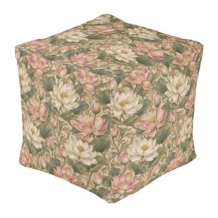 Vintage Water Lotus Botanical Floral Pattern Pouf