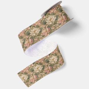 Vintage Water Lotus Botanical Floral Pattern Satin Ribbon