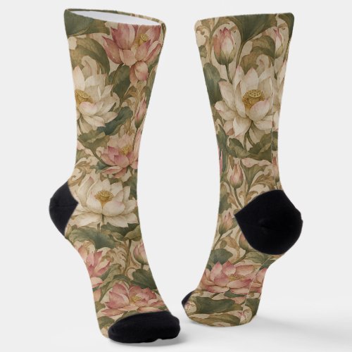 Vintage Water Lotus Botanical Floral Pattern Socks