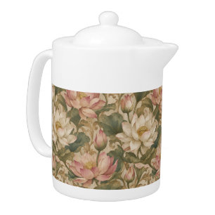 Vintage Water Lotus Botanical Floral Pattern Teapot