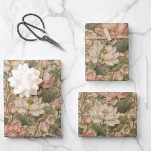 Vintage Water Lotus Botanical Floral Pattern Wrapping Paper Sheets