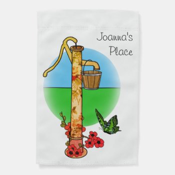 Vintage Water Pump  Flowers  And Butterfly Garden Garden Flag by colorwash at Zazzle