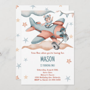 Vintage Watercolor Airplane Birthday Invitation