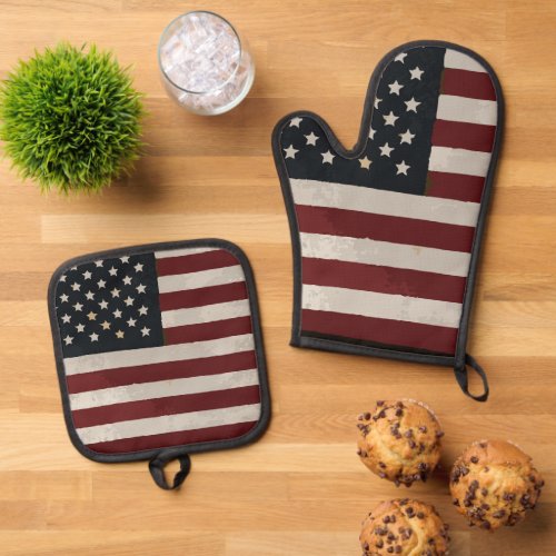 Vintage Watercolor American Flag 4th of July Oven Mitt  Pot Holder Set