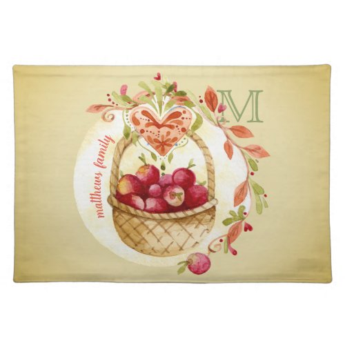 Vintage Watercolor Apple Basket Fall Wreath Heart Cloth Placemat
