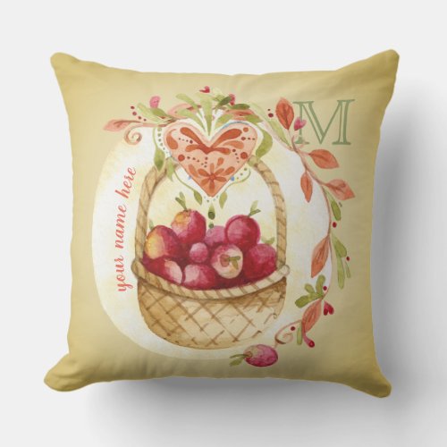 Vintage Watercolor Apple Basket Fall Wreath Heart Outdoor Pillow