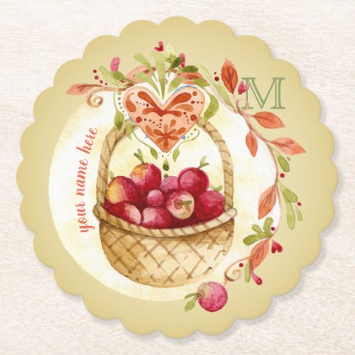 Vintage Watercolor Apple Basket Fall Wreath Heart Paper Coaster