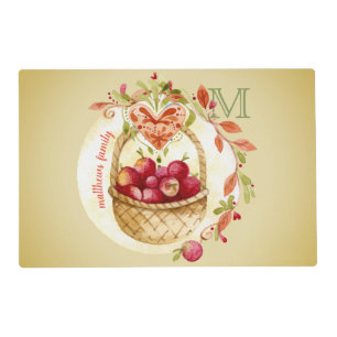 Vintage Watercolor Apple Basket Fall Wreath Heart Placemat
