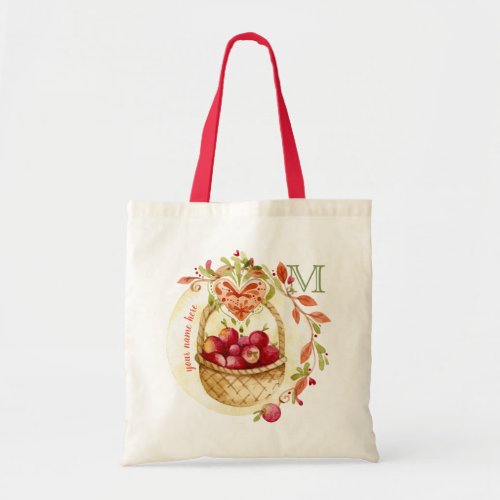Vintage Watercolor Apple Basket Fall Wreath Heart Tote Bag