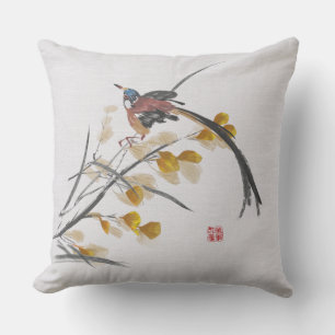 Vintage Watercolor Autumn Leaves & Bird  Throw Pil Pillow