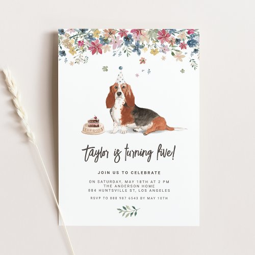 Vintage Watercolor Basset Hound Dog Birthday Party Invitation