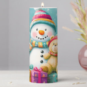 Vintage Watercolor Bear Snowman Christmas Joy Pillar Candle