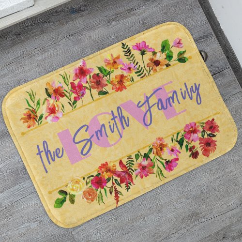 Vintage Watercolor Blooming Spring Flowers Yellow Bath Mat