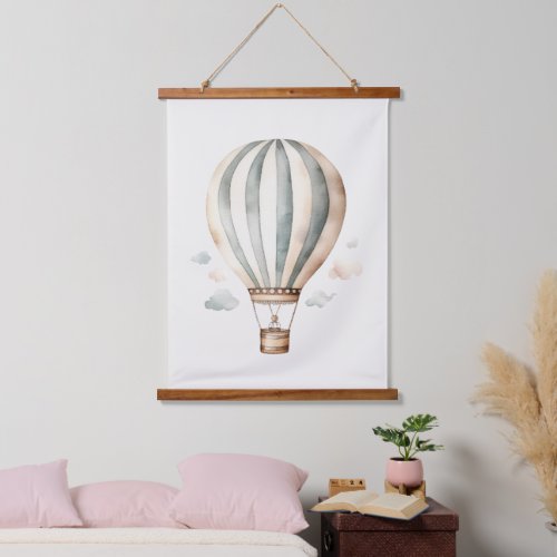 Vintage Watercolor Blue and Cream Hot Air Balloon Hanging Tapestry
