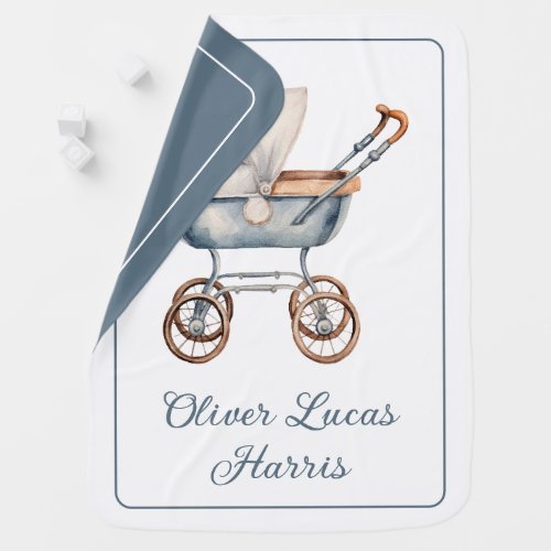 Vintage Watercolor Blue Baby Carriage Personalized Baby Blanket