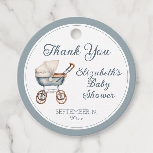 Vintage Watercolor Blue Baby Carriage Personalized Favor Tags